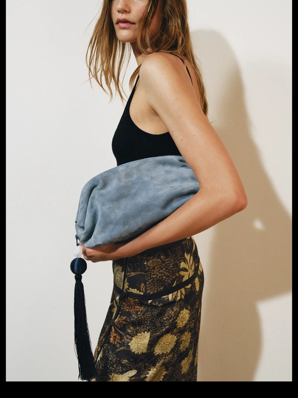 Zara Soft Blue Suede Clutch Bag with Tassel